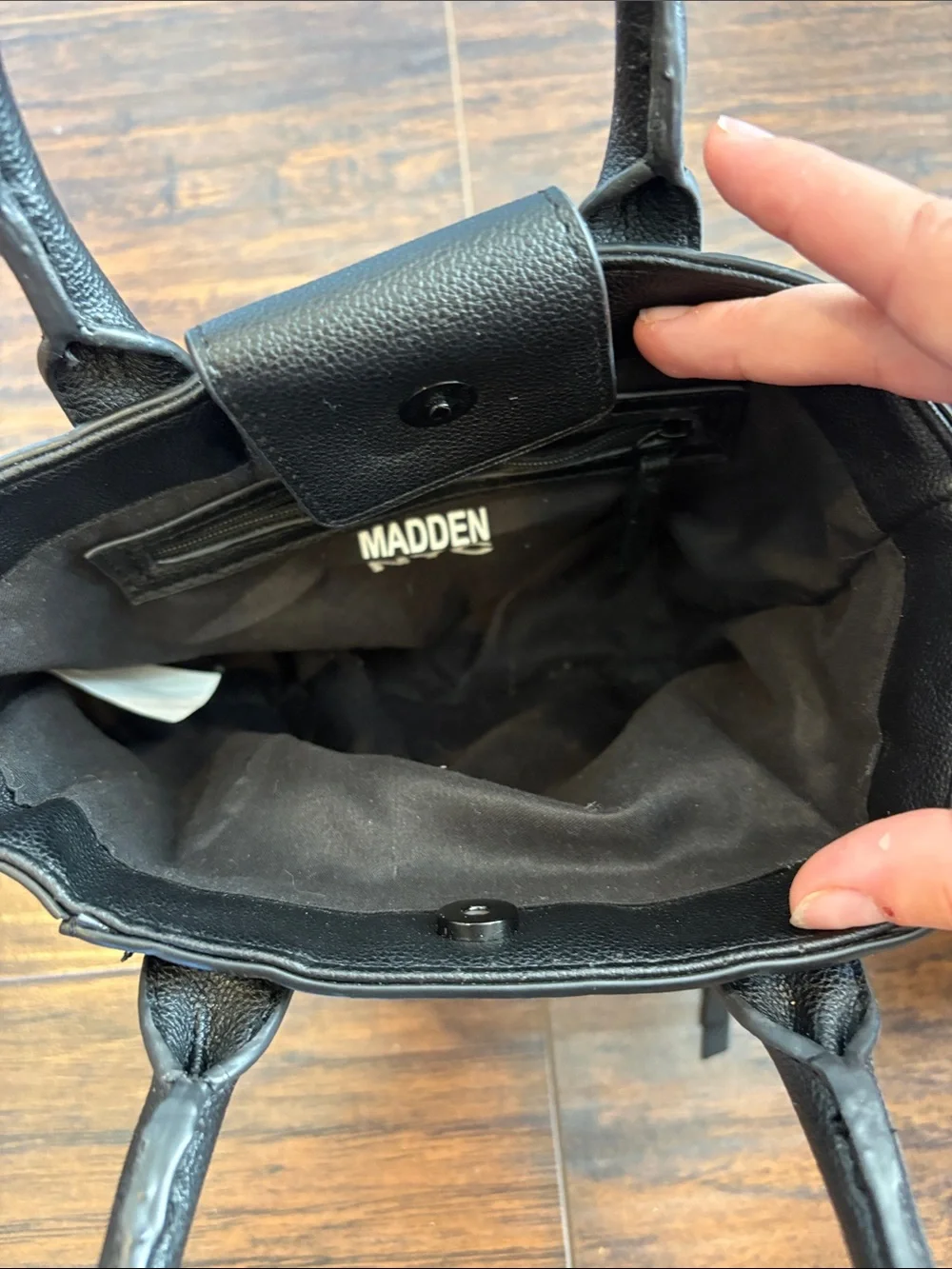 Madden NYC Mini Black Leather Zipper Satchel w/ Detachable Logo Strap